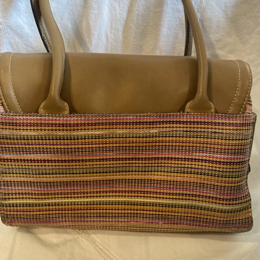 Vintage Liz Claiborne Multicolor Woven Faux Leather Satchel Purse, Tan Handbag